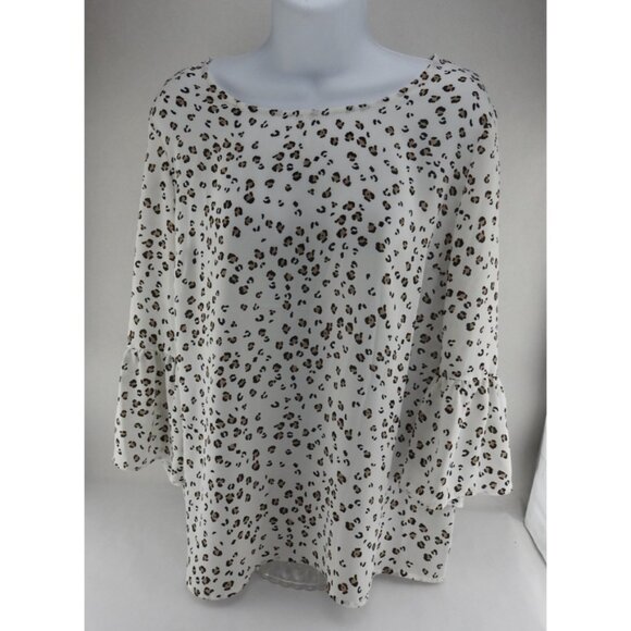 Elle Leopard Print Blouse Sz Medium White Brown Bell Sleeve Flowy Top Animal - Picture 2 of 9